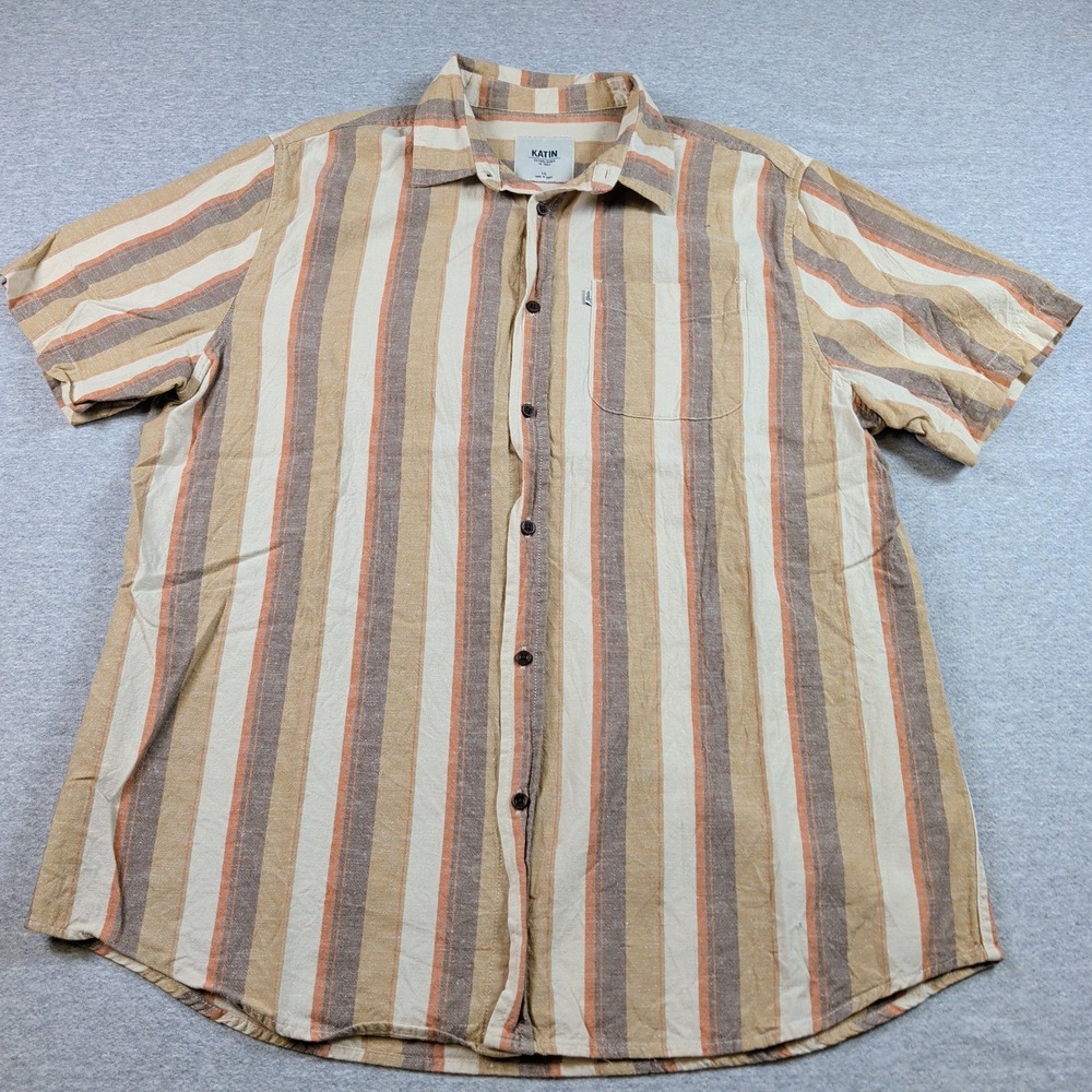 Katin Mens Large Brown Tan Orange Striped Cotton Linen Short Sleeve Button Shirt